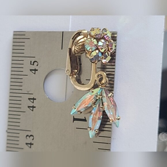 Vintage SHERMAN Aurora Borealis Crystal Gold Flower Drop Dangle Clip-On Earrings - Picture 5 of 13